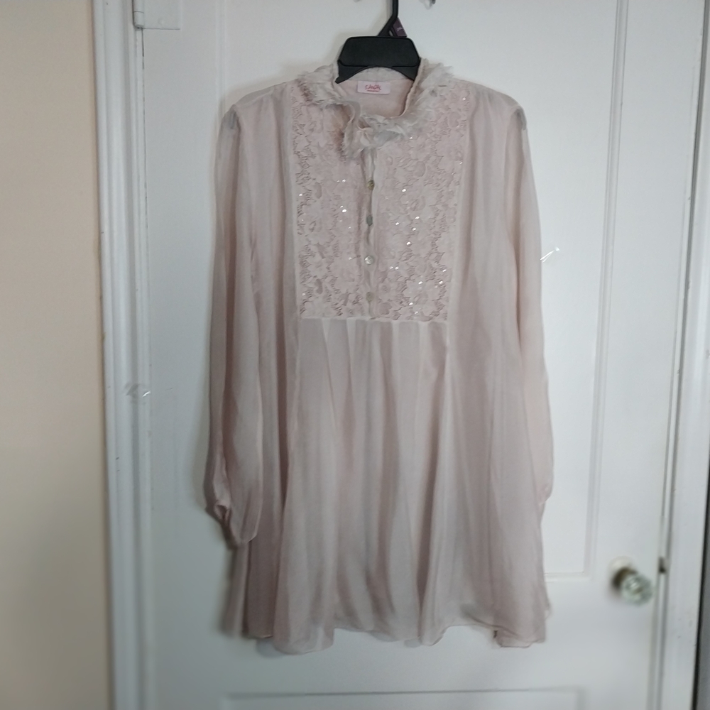 SCANDALO Made In Itali Delicate Blush Lace-Front Mini Dress. Viscosa-Silk Blen